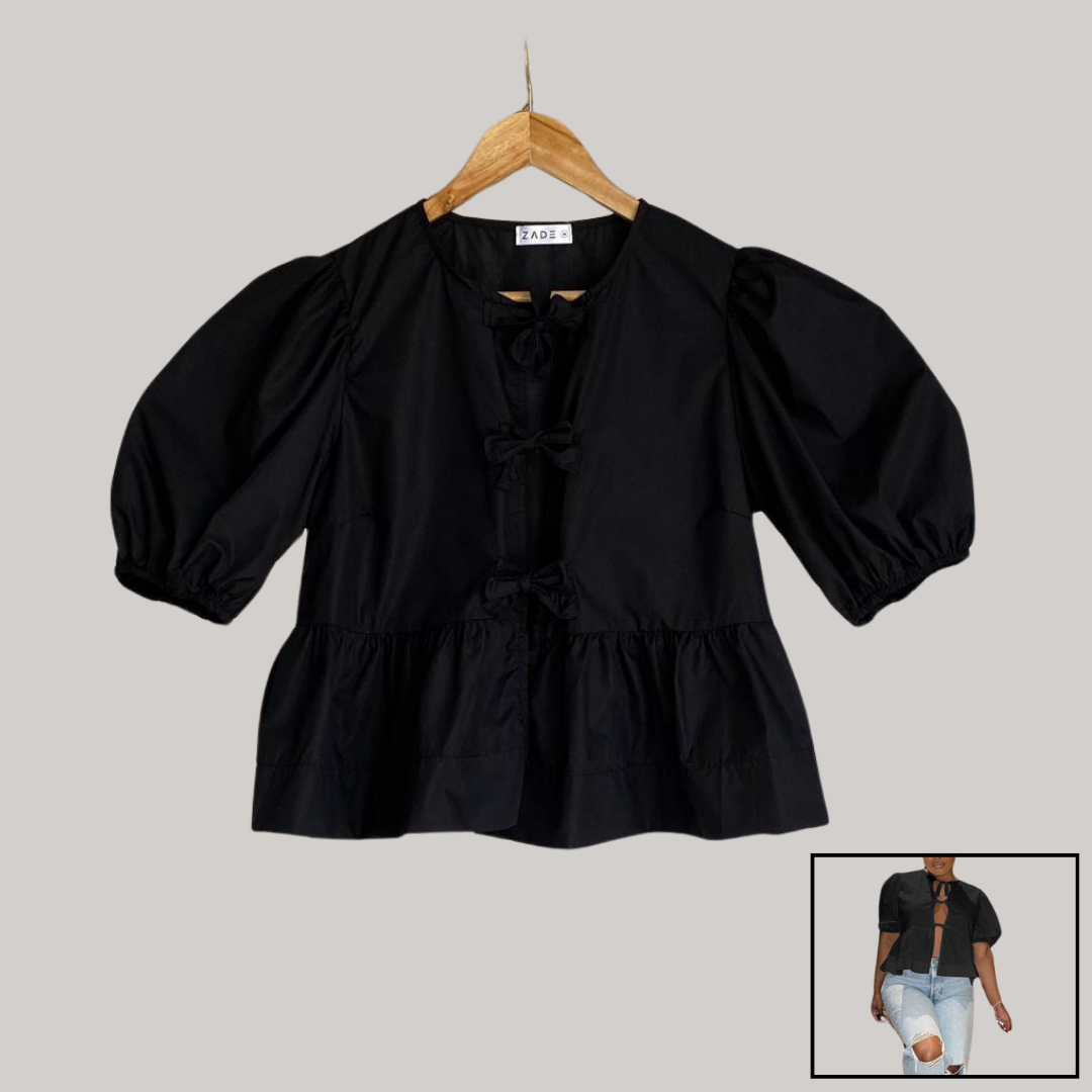 Bow Tie Puff Sleeve Top - Black