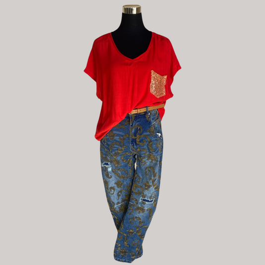 Winona Sequin Pocket Top - RED