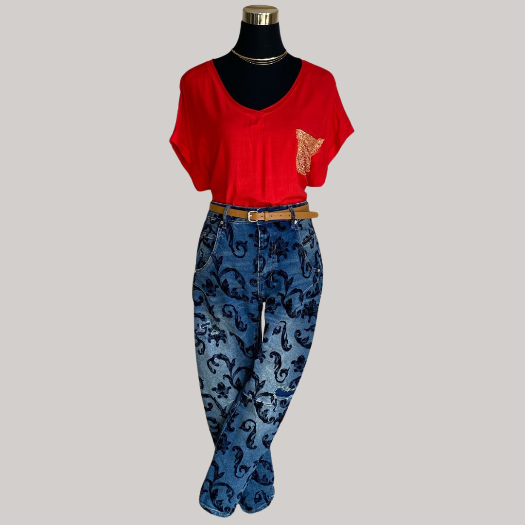 Winona Sequin Pocket Top - RED