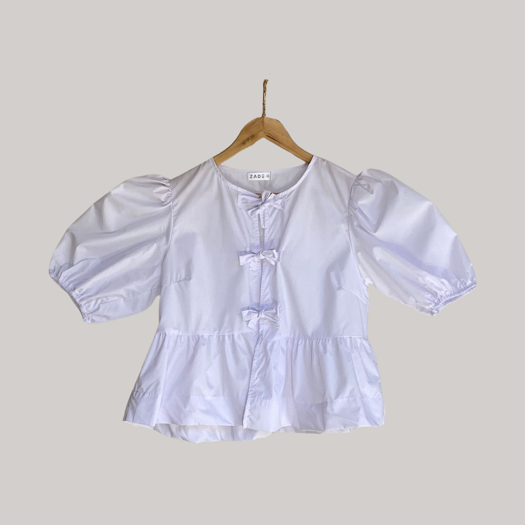 Bow Tie Puff Sleeve Top - White
