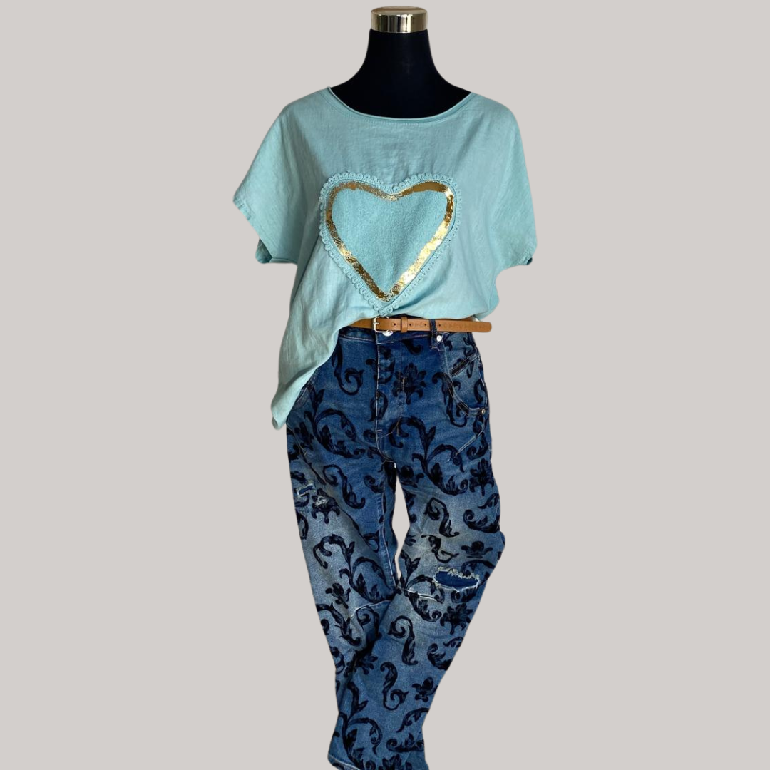 Ines Foil Heart Top - Aqua