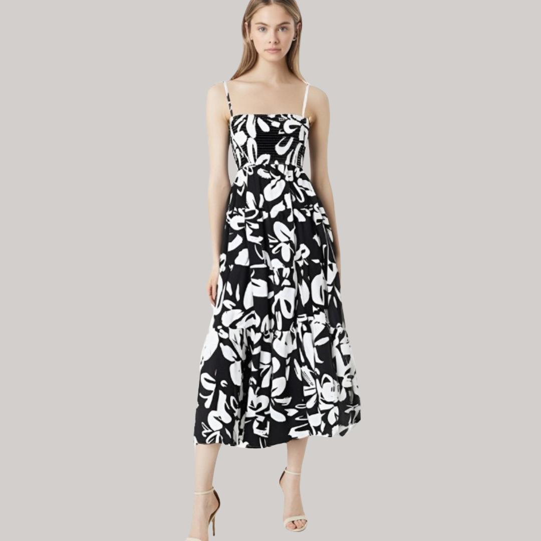Floral Ruche Dress - Black and White