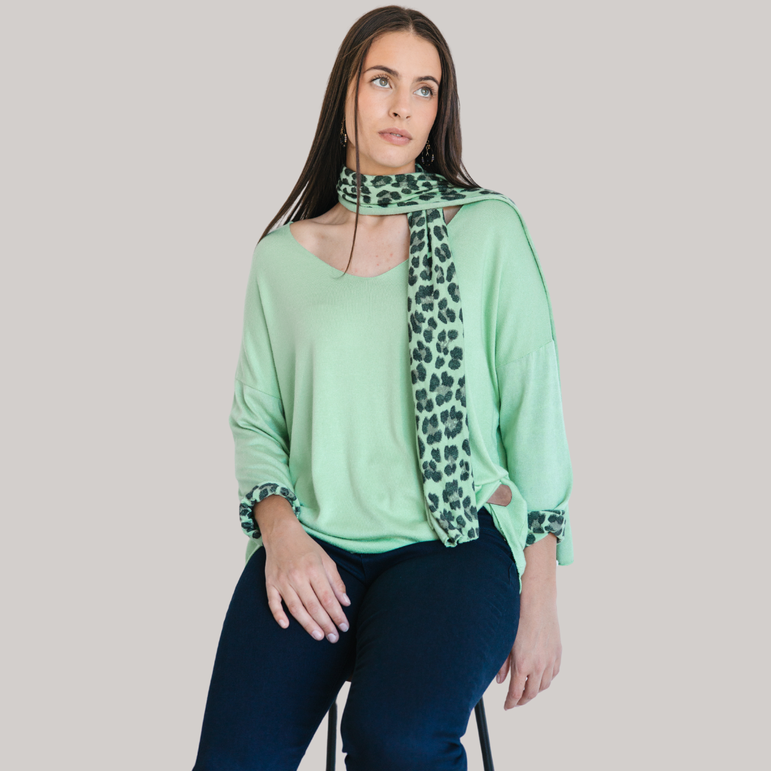 Miriam Light Knit Animal Scarf Top - Green