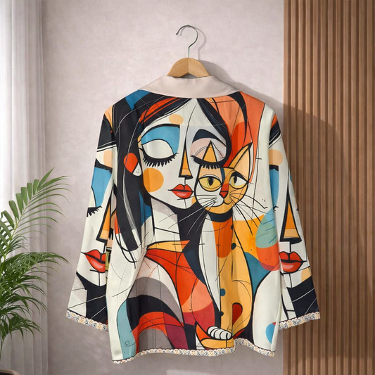 Colorful blazer with abstract cat illustrations in orange, blue, and black — single button closure, lapel collar, and patterned trim