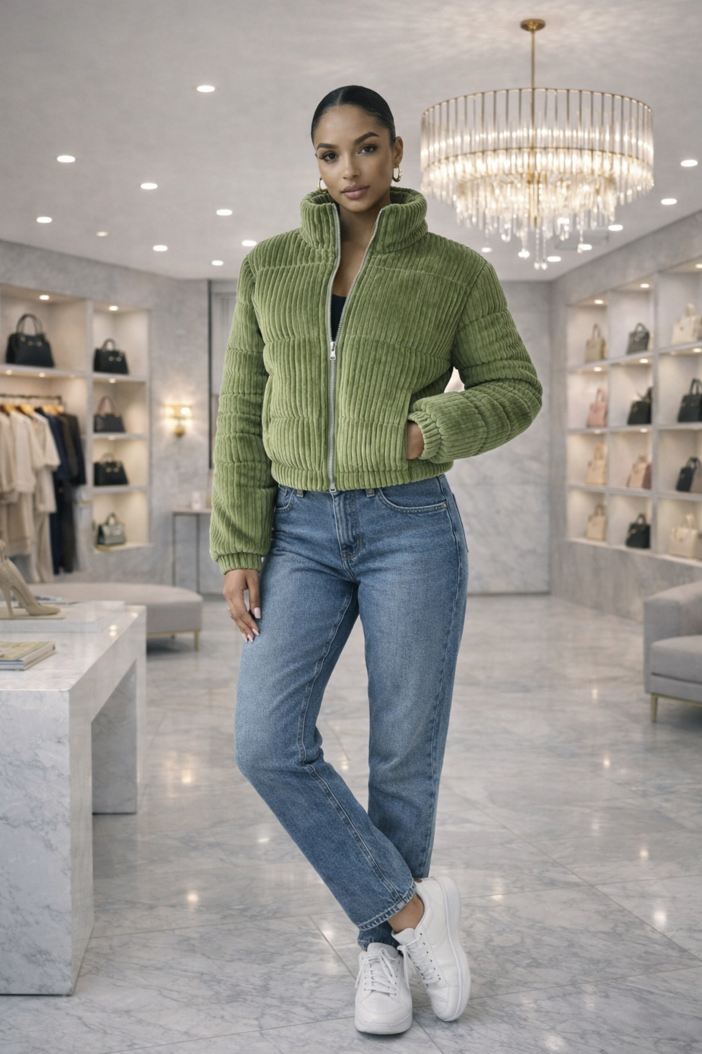 Women's sage green corduroy cropped puffer jacket with stand-up collar and insulated warm inner lining, stylish winter outerwear for women, trendy cropped winter jacket for casual fashion, boutique women's winter clothing South Africa.
