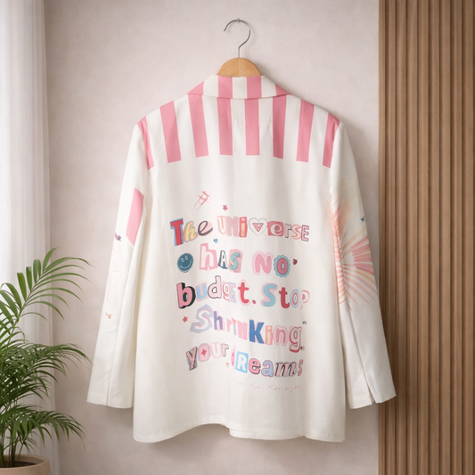 Crazy MADE IN ITALY blazer with palm print, bird motif, and motivational text — artistic designer fashion