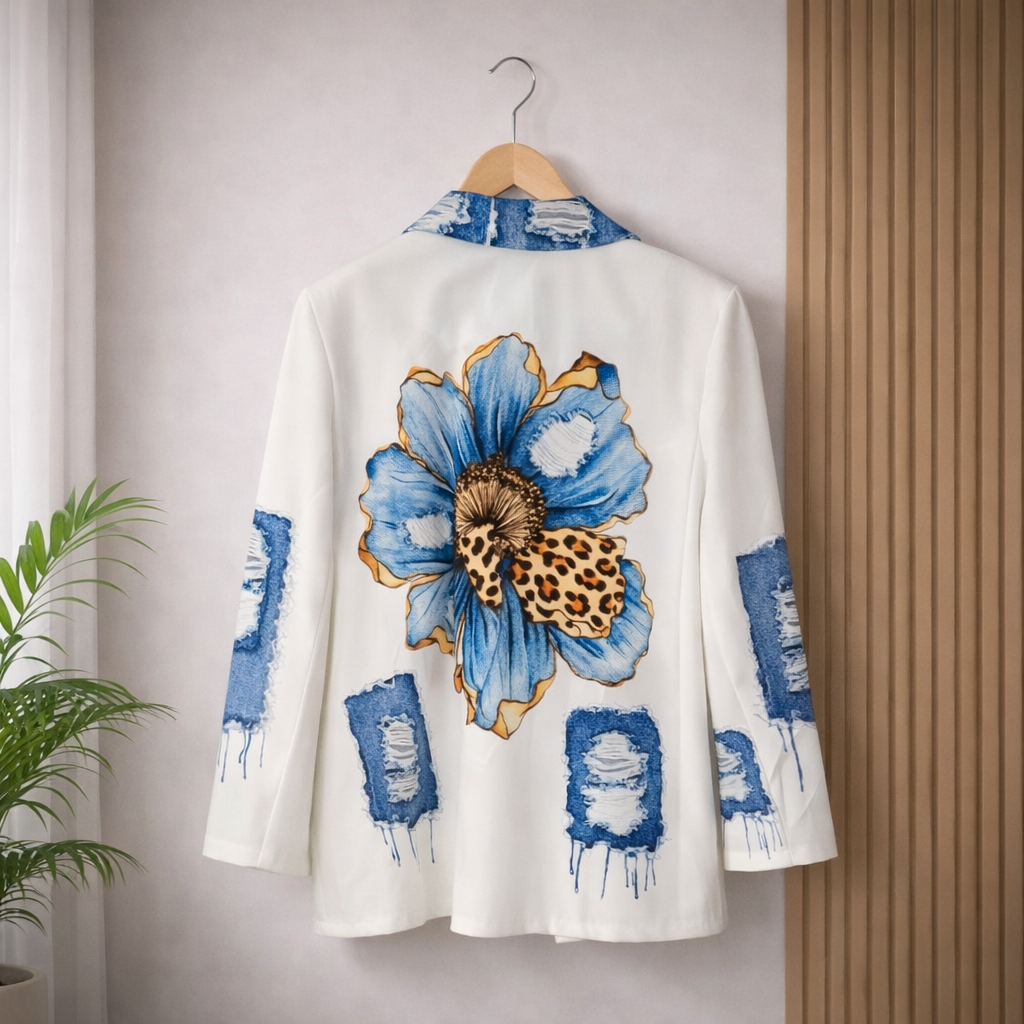 White blazer with blue floral print, distressed denim patch details, leopard print accent, and tailored fit for stylish women's fashion.