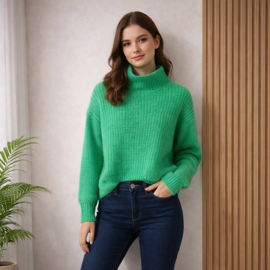 Bright green knitted mock neck sweater with a soft textured pattern, long sleeves, and ribbed cuff
