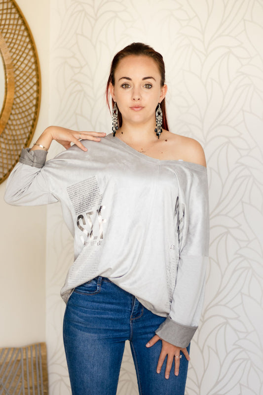 Sophia - Funky Washed Cotton Knit Top - GREY