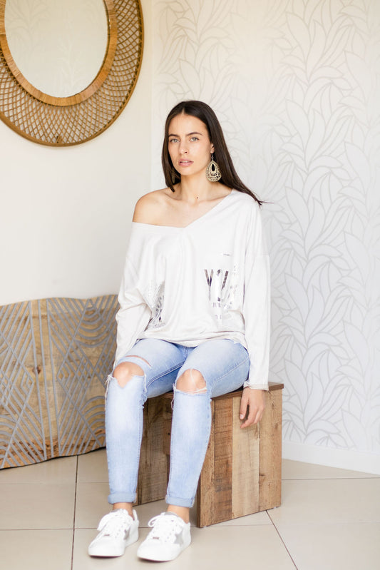 Sophia - Funky Washed Cotton Knit Top - STONE