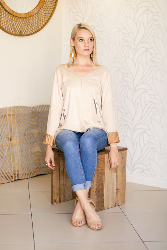 Sophia - Funky Washed Cotton Knit Top - CAMEL