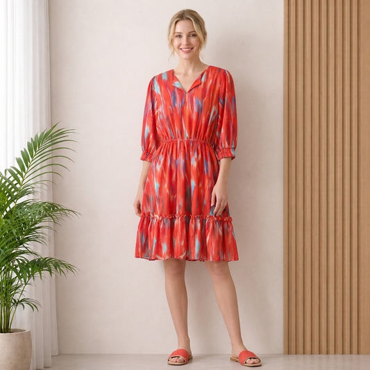 Red Abstract Print Ruffle Hem Dress
