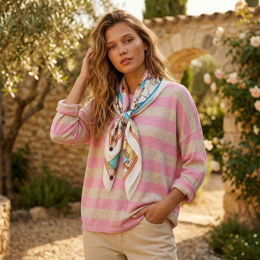Luxury soft knit stripe top in blush and neutral tones with silk scarf detail, Made in Italy, styled in a relaxed fit for effortless chic everyday wear outdoors