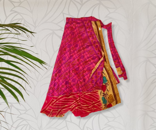 Indian Silk Wrap Skirt - Vibrant Pink and Red