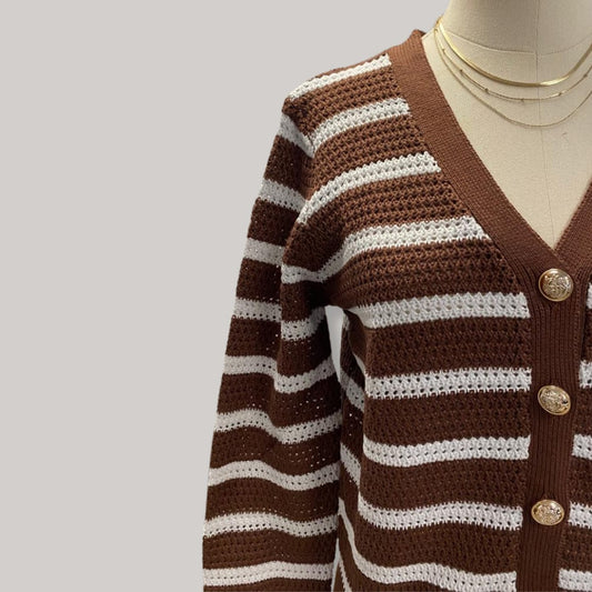 Brown and white striped knit cardigan with gold buttons, women’s V-neck winter sweater for office and smart casual wear South Africa.