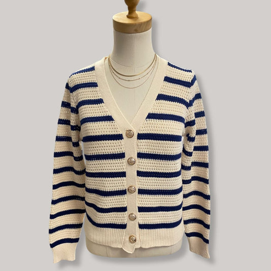 Cream and navy striped knit cardigan with gold buttons, women’s V-neck winter sweater, smart casual office wear South Africa.