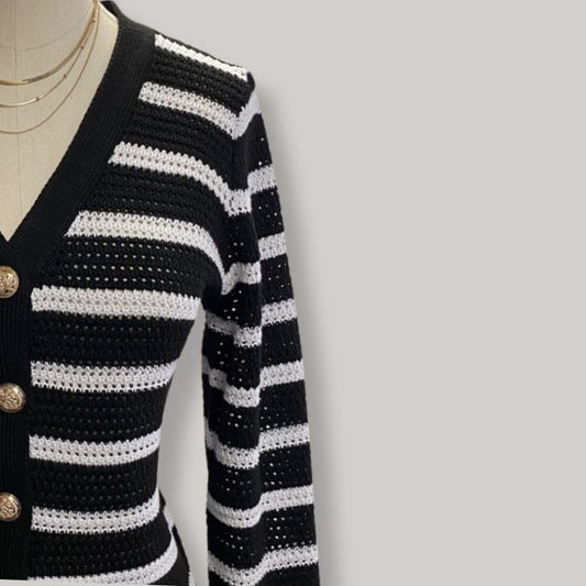Black and white striped knit cardigan with gold buttons, V-neck button-down sweater for women, long sleeve winter layering piece.
