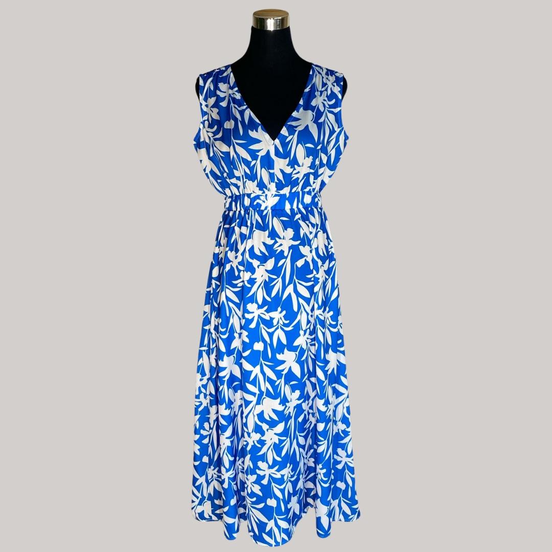 Blair Blue and White Leaf Maxi Dress