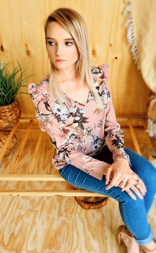Pink Floral Print Long Sleeve Blouse