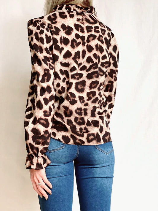 Leopard Print Flounce Sleeve Blouse