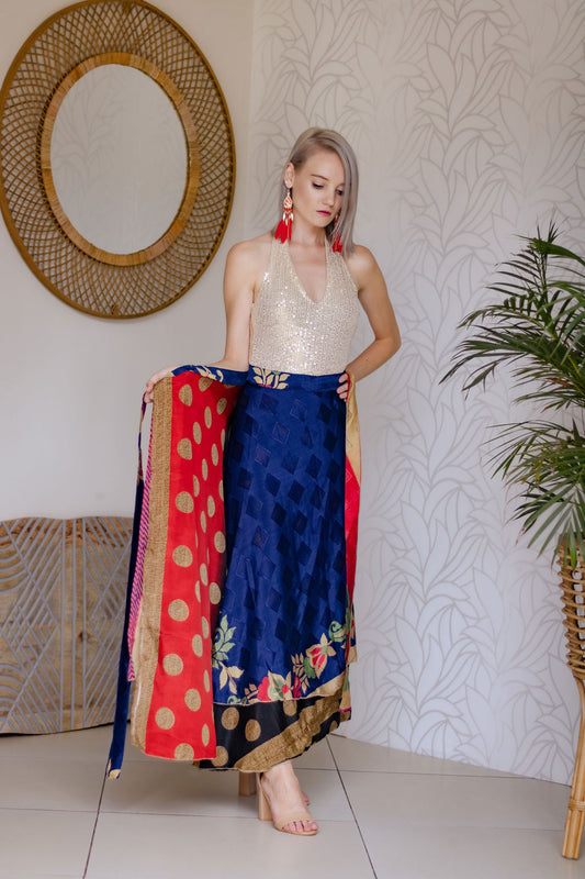 Indian Silk Wrap Skirt - Deep Sea Blue