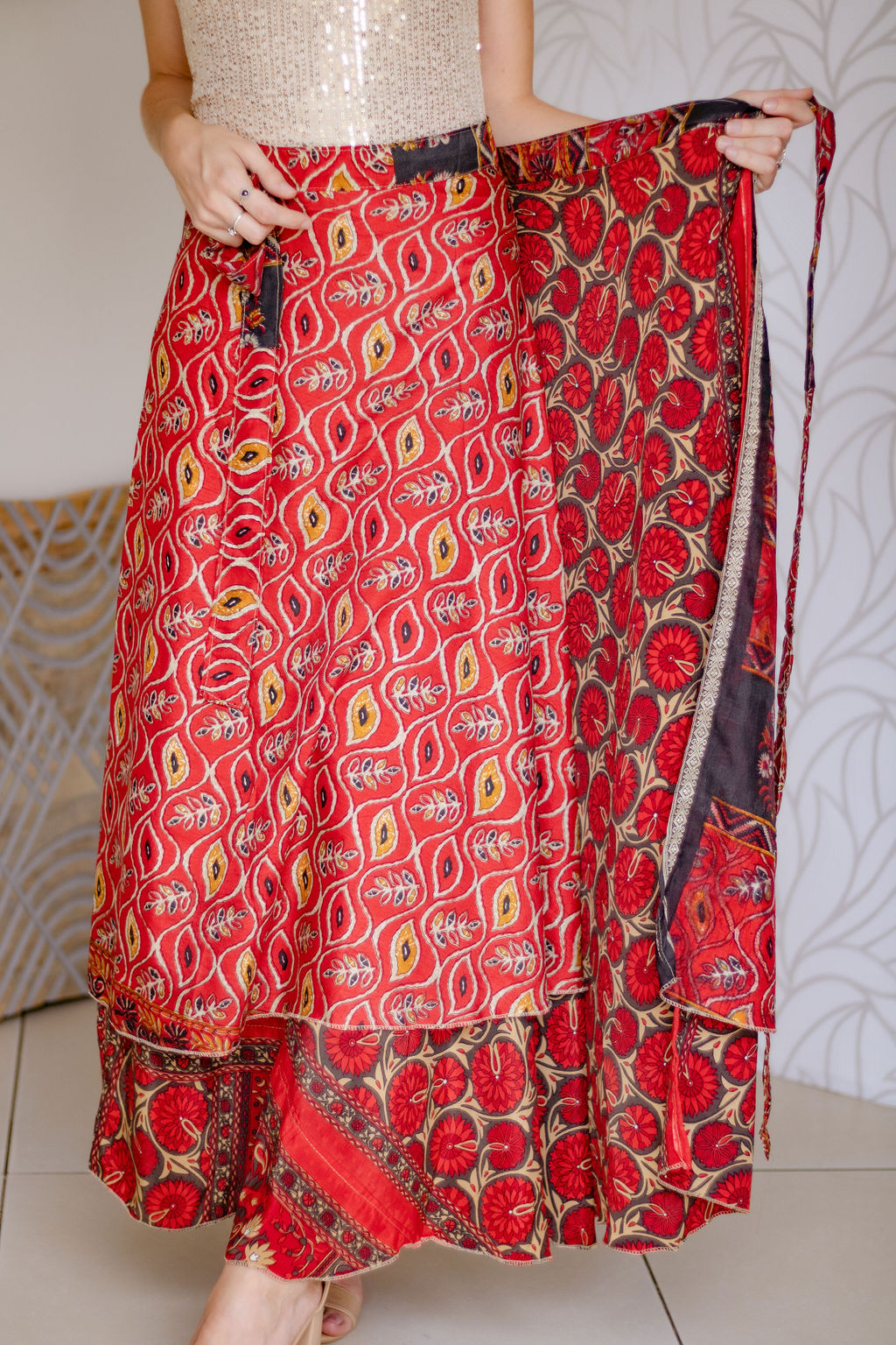Indian Silk Wrap Skirt - Deep Red