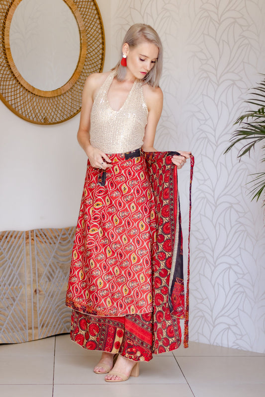 Indian Silk Wrap Skirt - Deep Red