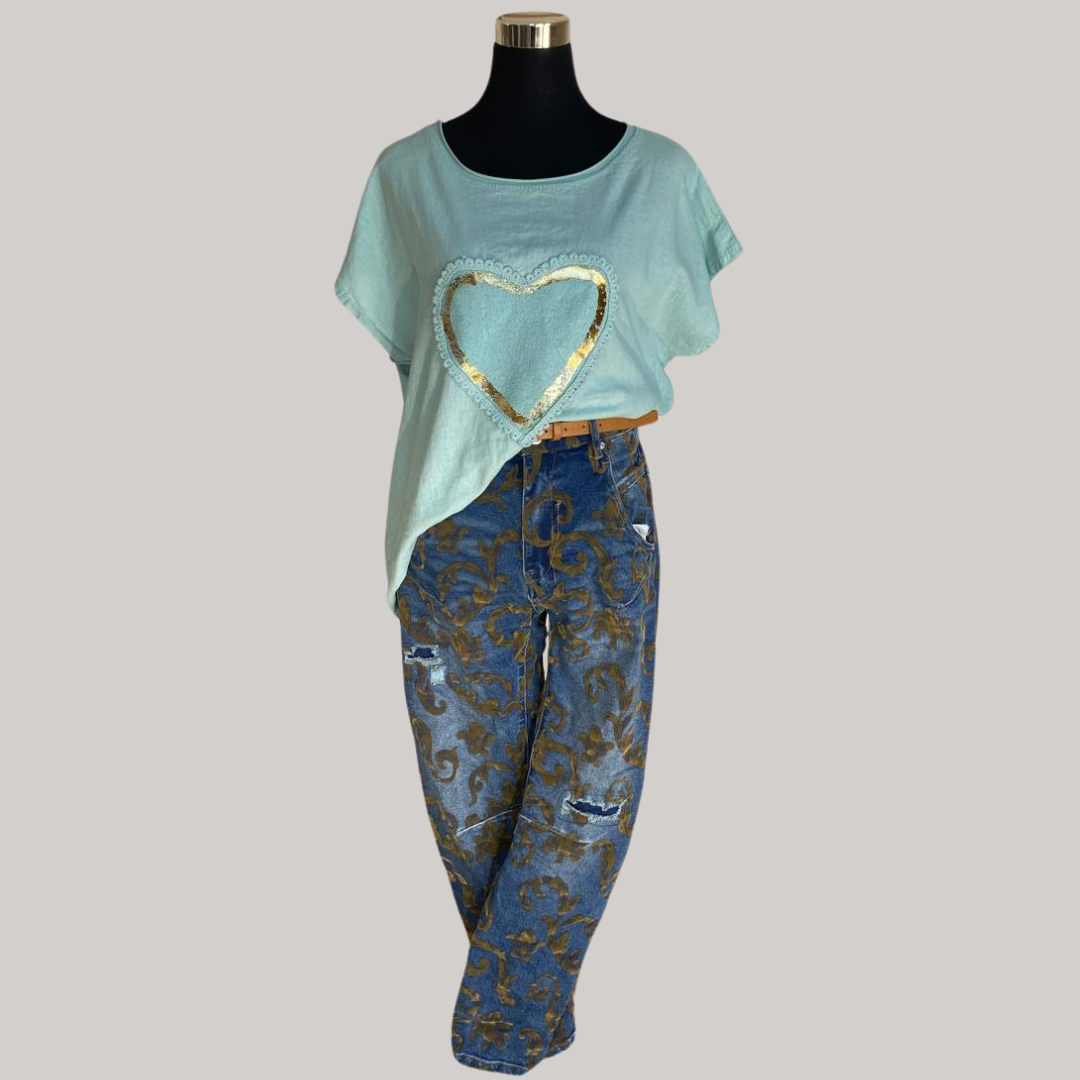 Ines Foil Heart Top - Aqua