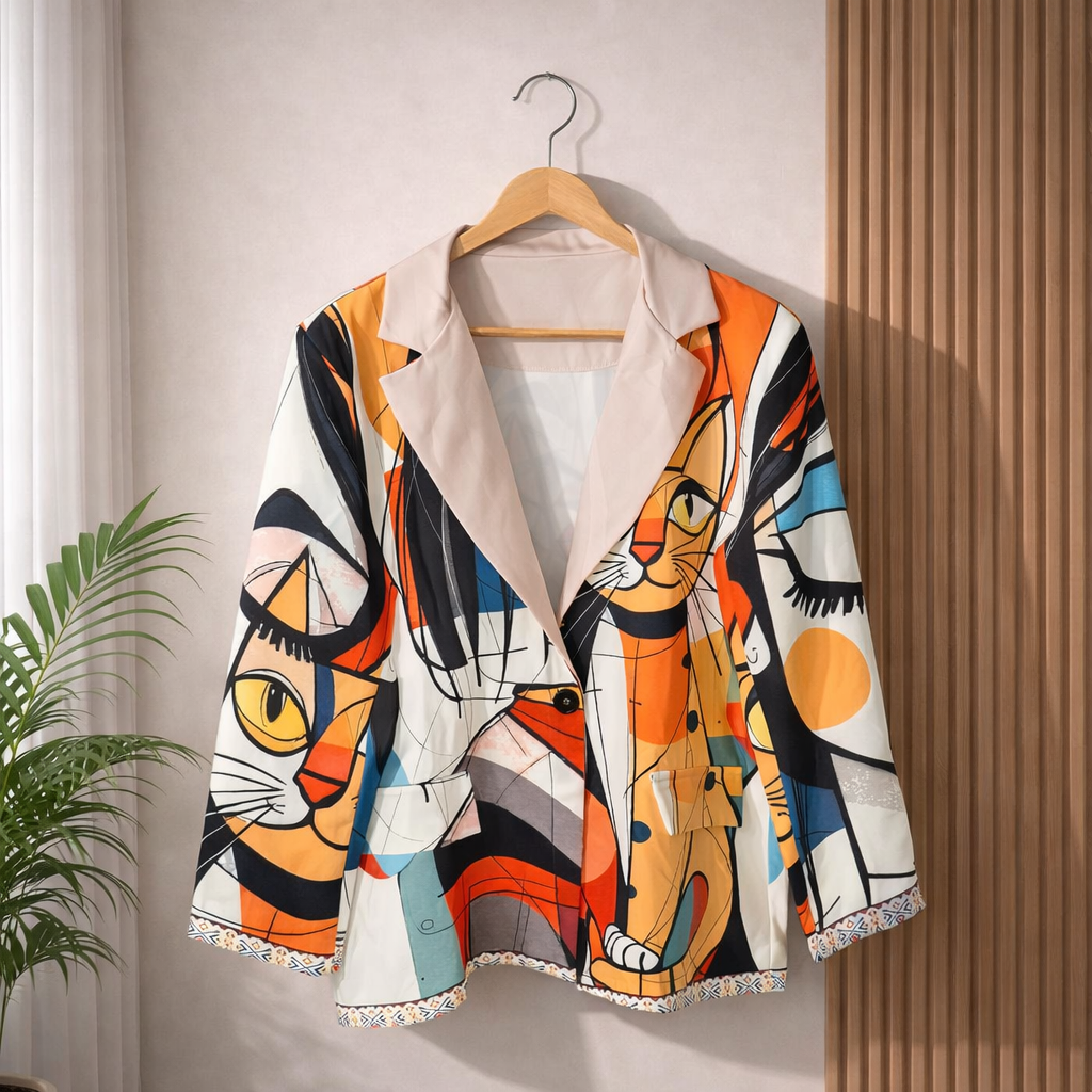 Colorful blazer with abstract cat illustrations in orange, blue, and black — single button closure, lapel collar, and patterned trim