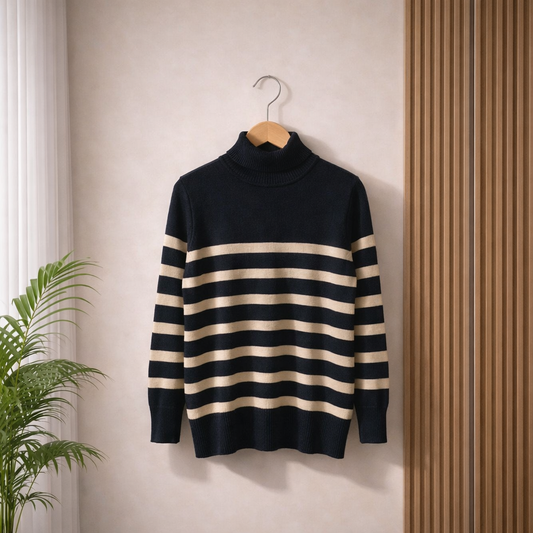 Black and beige striped sweater on a hanger against a neutral wall.