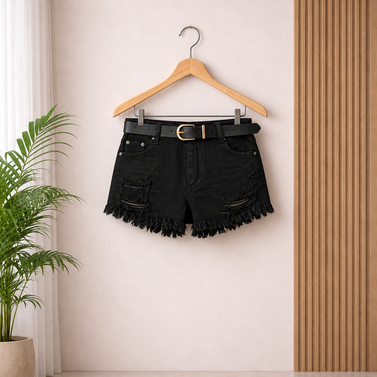 Black Denim Ripped Shorts