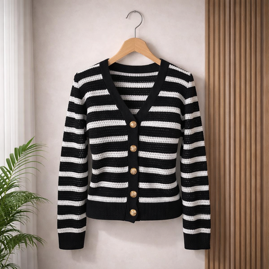 Black and white striped cardigan with gold buttons on a wooden hanger against a neutral wall.