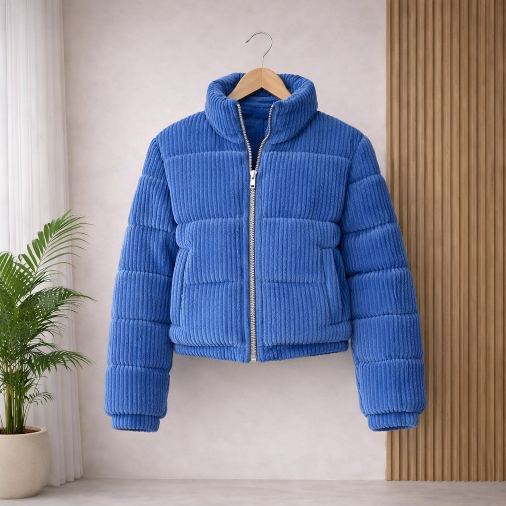 Corduroy Crop Puffer Jacket - Blue