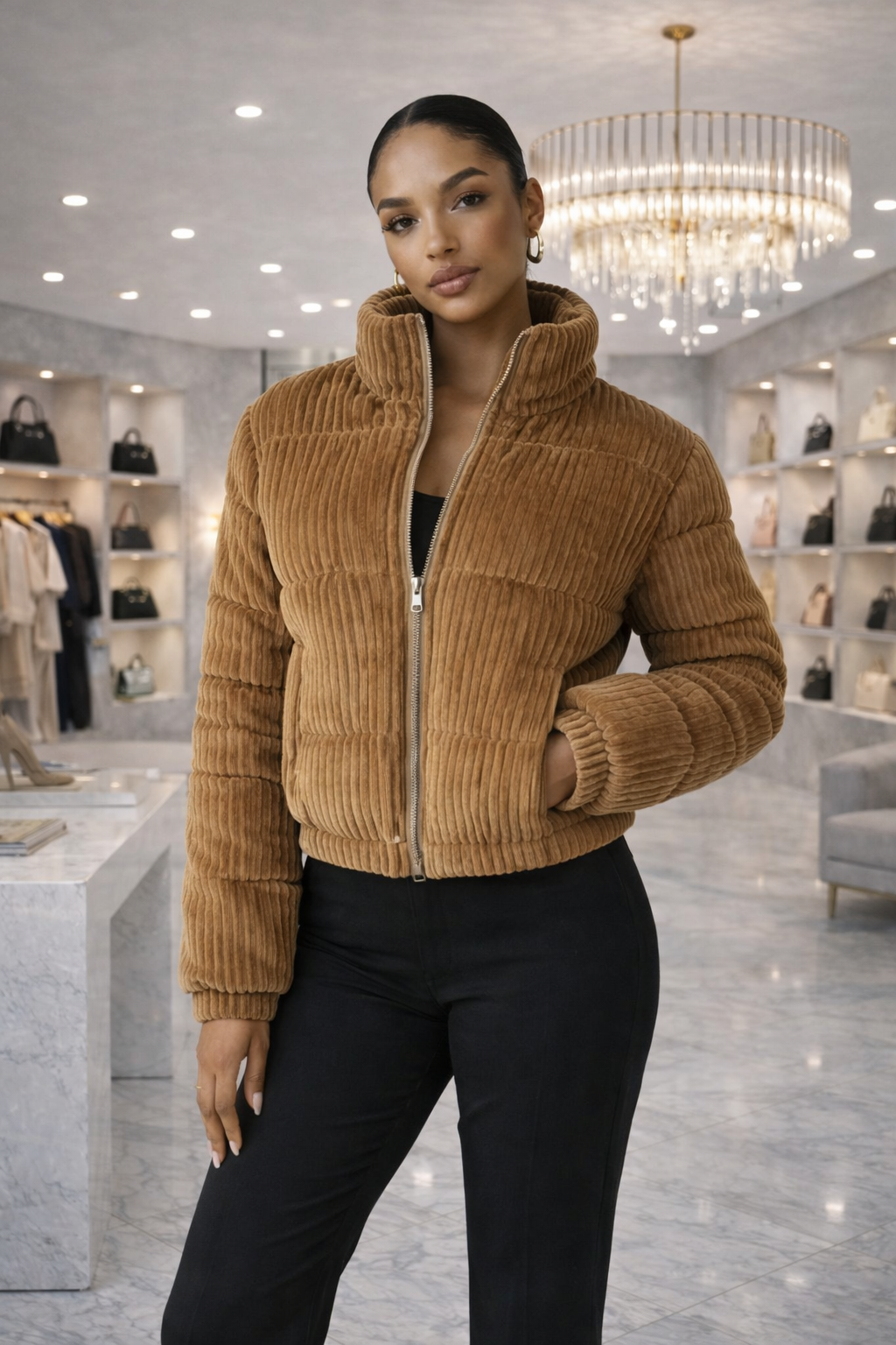 Corduroy Crop Puffer Jacket - Brown