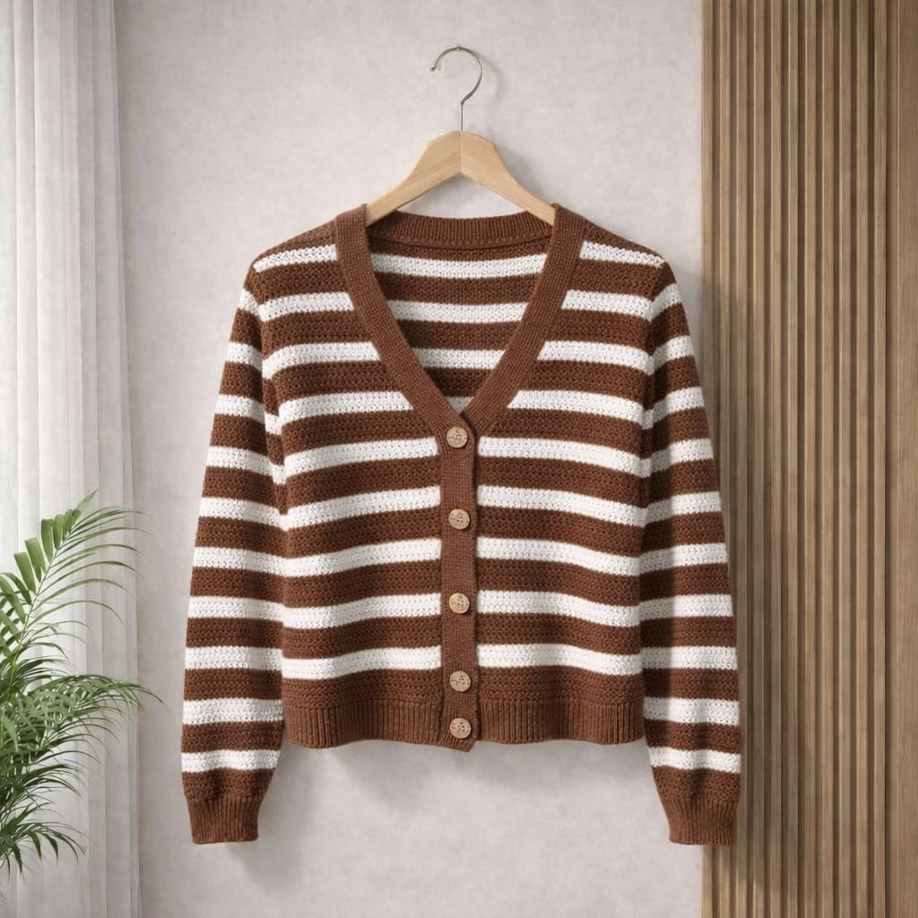 Brown and white striped sweater on a hanger against a neutral wall.