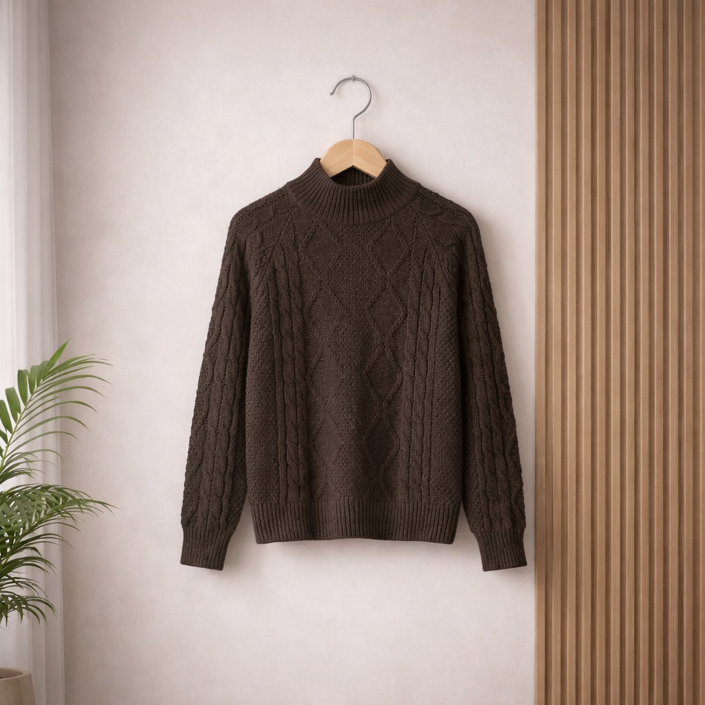 Dark brown cable‑knit sweater with vertical diamond patterns, ribbed high neckline, cuffs, and hem, hanging on a wooden hanger against a light wall with a plant nearby.
