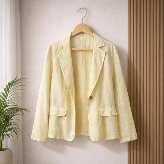 Light yellow blazer on a wooden hanger against a neutral wall with a plant to the left.
