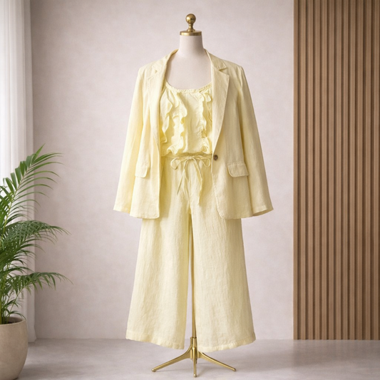 Light yellow outfit on a mannequin against a neutral background