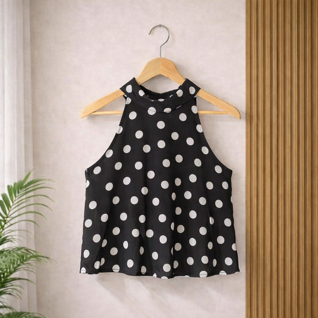 lack sleeveless halter‑neck blouse with white polka dots hanging on a wooden hanger against a beige wall and wooden panel backdrop, styled with soft natural lighting and a green plant accent.