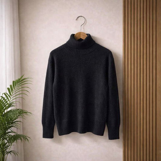 Black turtleneck sweater on a hanger against a neutral wall with a plant to the left.