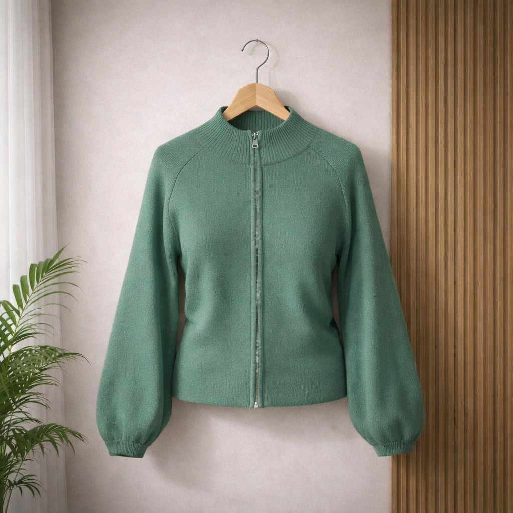 Green zip-up sweater on a hanger against a neutral wall with a plant to the left.