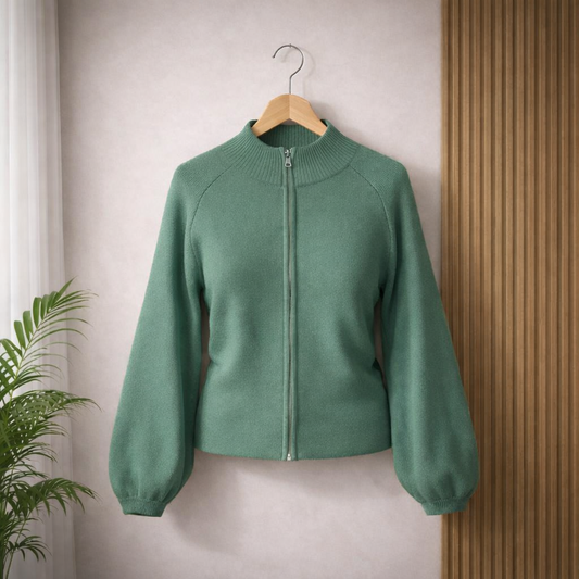 Green zip-up sweater on a hanger against a neutral wall with a plant to the left.