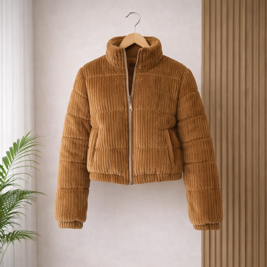 Corduroy Crop Puffer Jacket - Brown