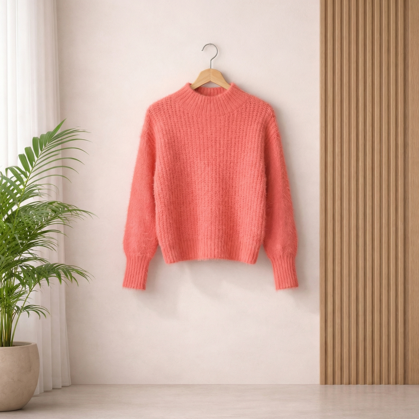 Woman wearing a coral soft knit sweater with a relaxed fit, styled with leopard print pants in a chic casual outdoor setting