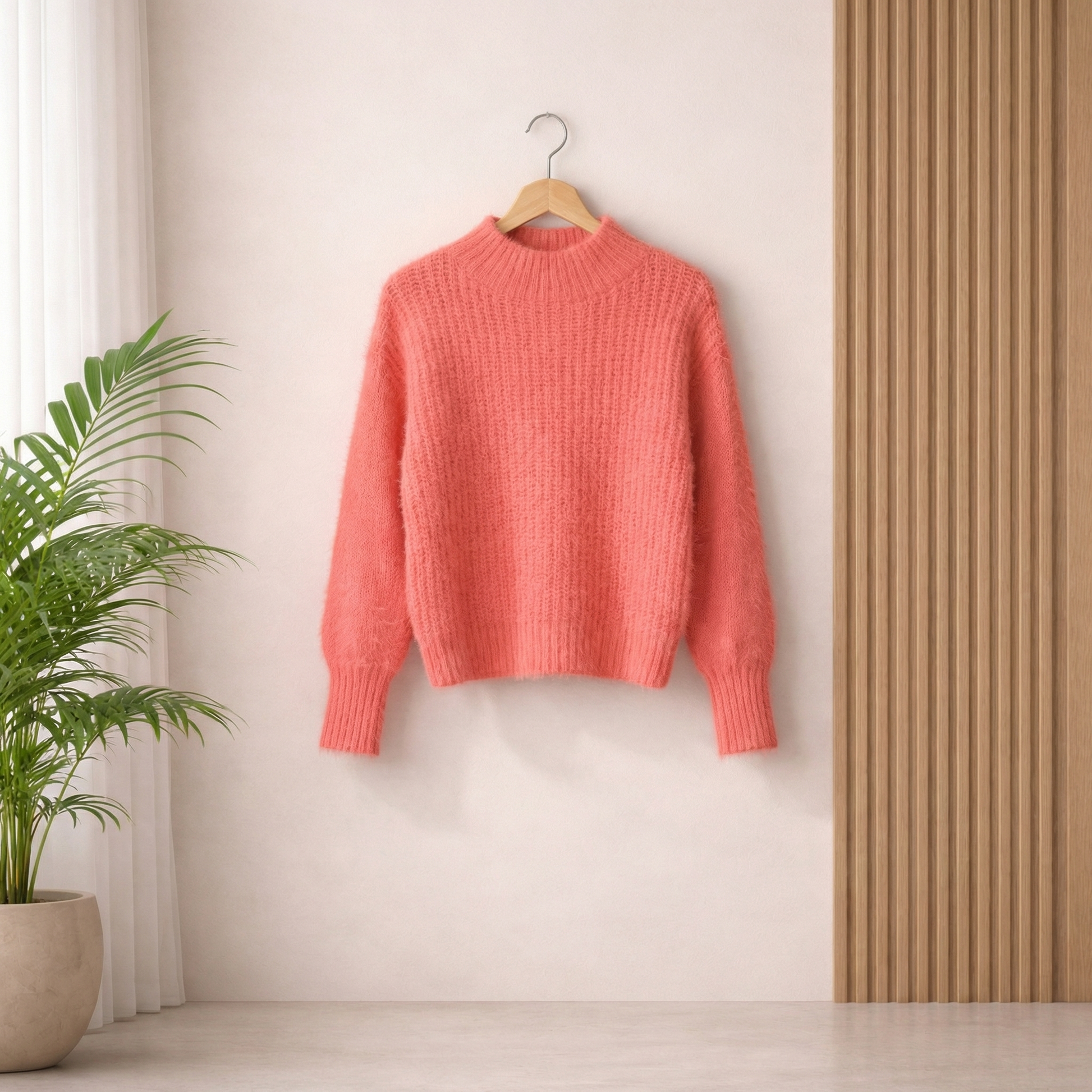 Woman wearing a coral soft knit sweater with a relaxed fit, styled with leopard print pants in a chic casual outdoor setting