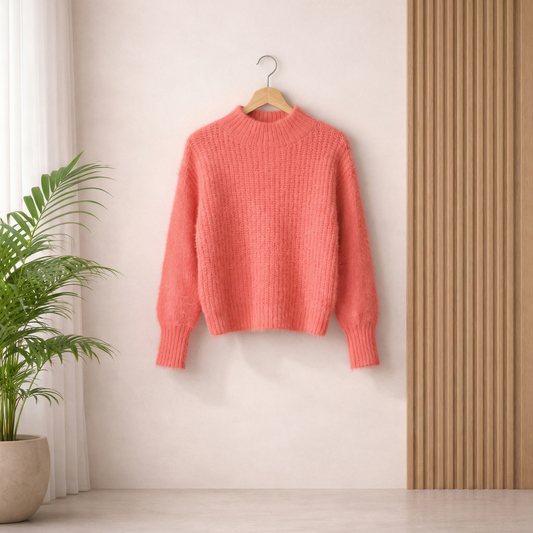 Woman wearing a coral soft knit sweater with a relaxed fit, styled with leopard print pants in a chic casual outdoor setting