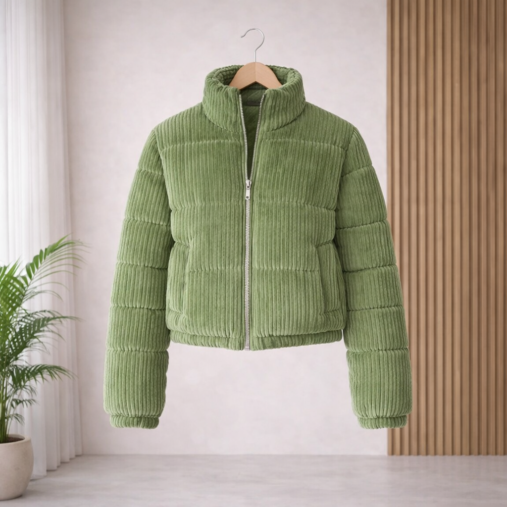 Women's sage green corduroy cropped puffer jacket with stand-up collar and insulated warm inner lining, stylish winter outerwear for women, trendy cropped winter jacket for casual fashion, boutique women's winter clothing South Africa.