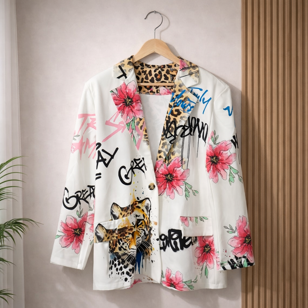 White artistic blazer with pink floral prints, leopard face, and graffiti text hanging on wooden hanger against light wall — fashion photography showcasing bold street‑art design.