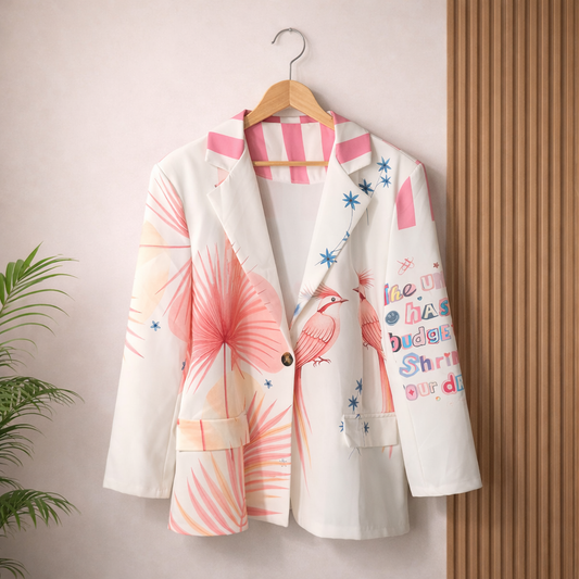 Crazy MADE IN ITALY blazer with palm print, bird motif, and motivational text — artistic designer fashion