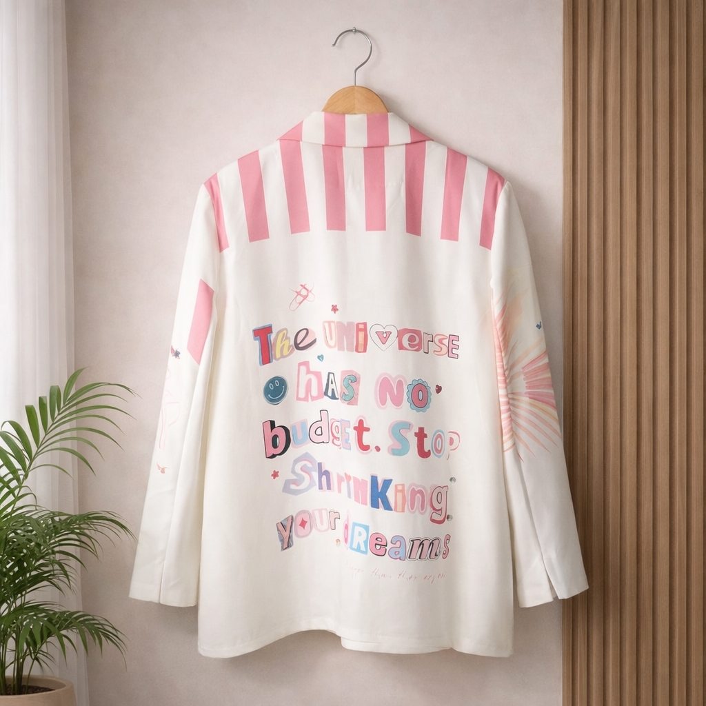 Crazy MADE IN ITALY blazer with palm print, bird motif, and motivational text — artistic designer fashion